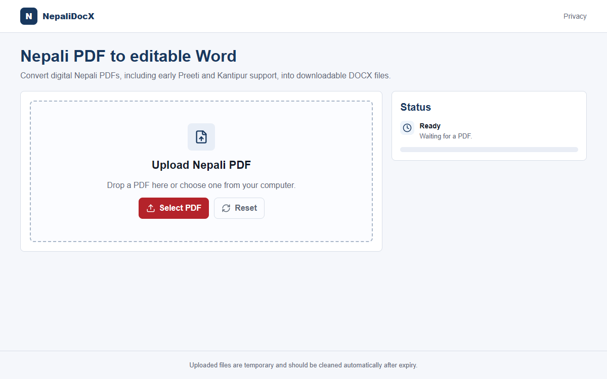NepaliDocX’s PDF upload and conversion interface.