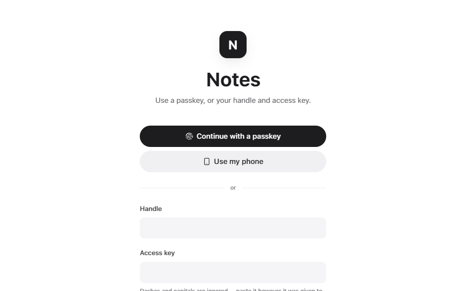 The personal notes app’s authentication screen.