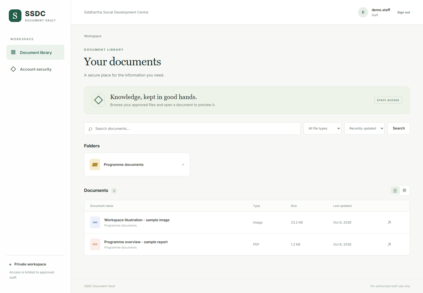 SSDC’s document library with a demo account and sample documents.
